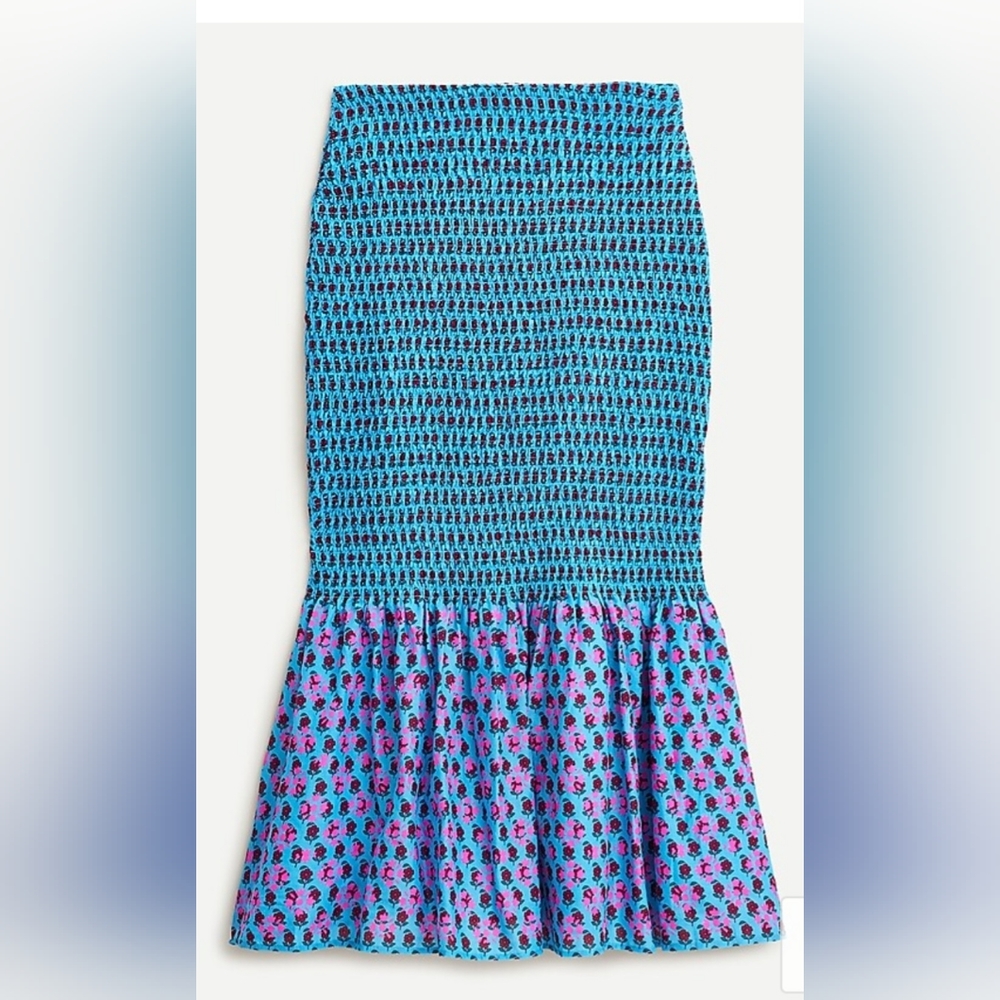 New J Crew Smocked Skirt in Layered Block Print Monaco Blue Iris